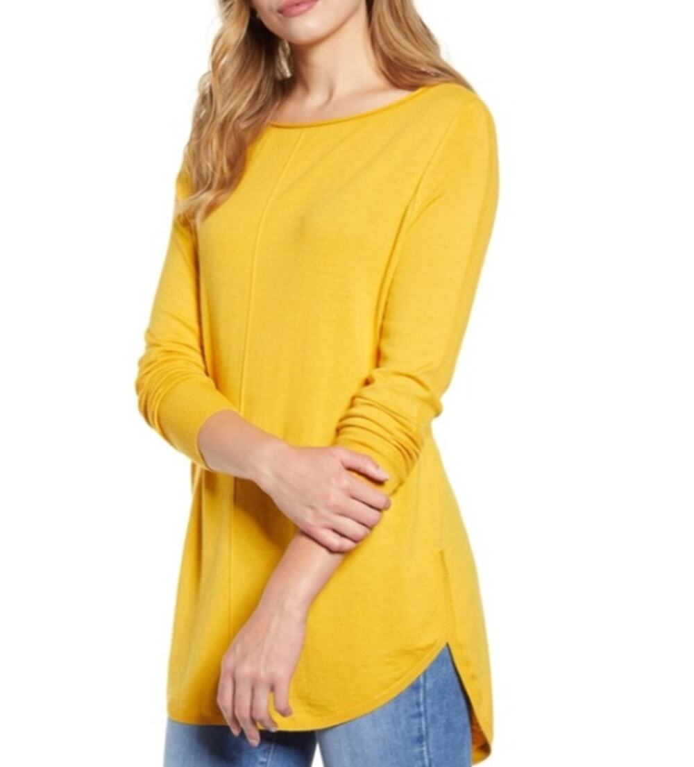 CASLON Women's Tunic Sweater XS Dijon Gold Seam Shirttail Knit Hi-Low NWT